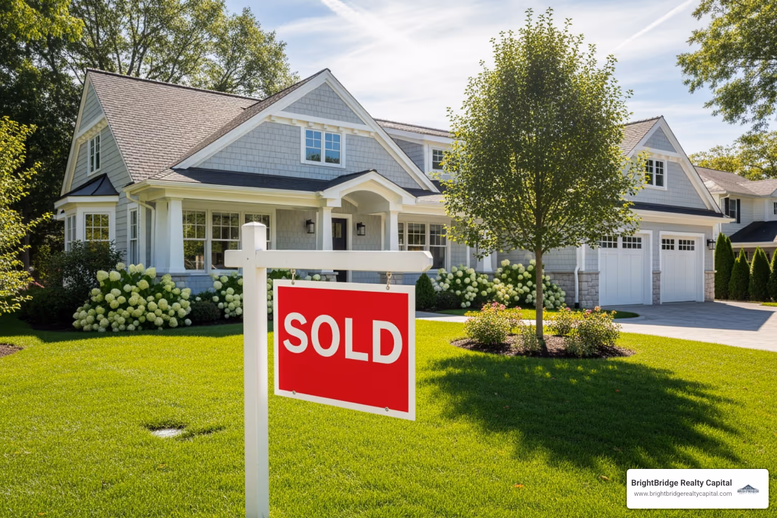 Sold sign in front of a newly renovated house - bridge loans for fix and flip investors