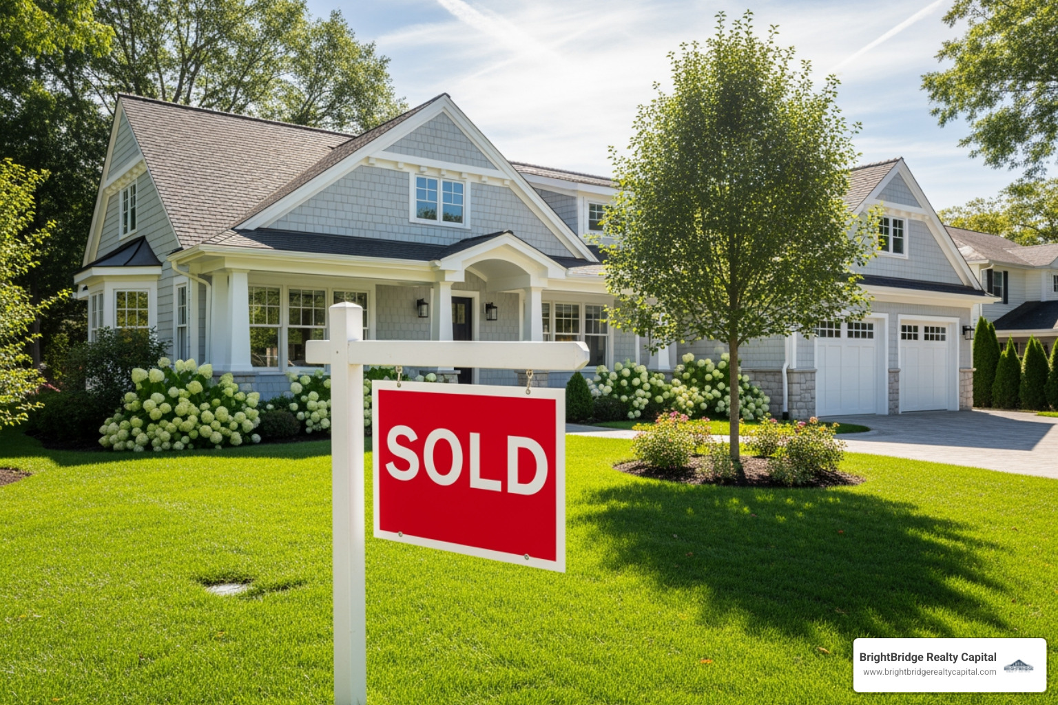 Sold sign in front of a newly renovated house - bridge loans for fix and flip investors