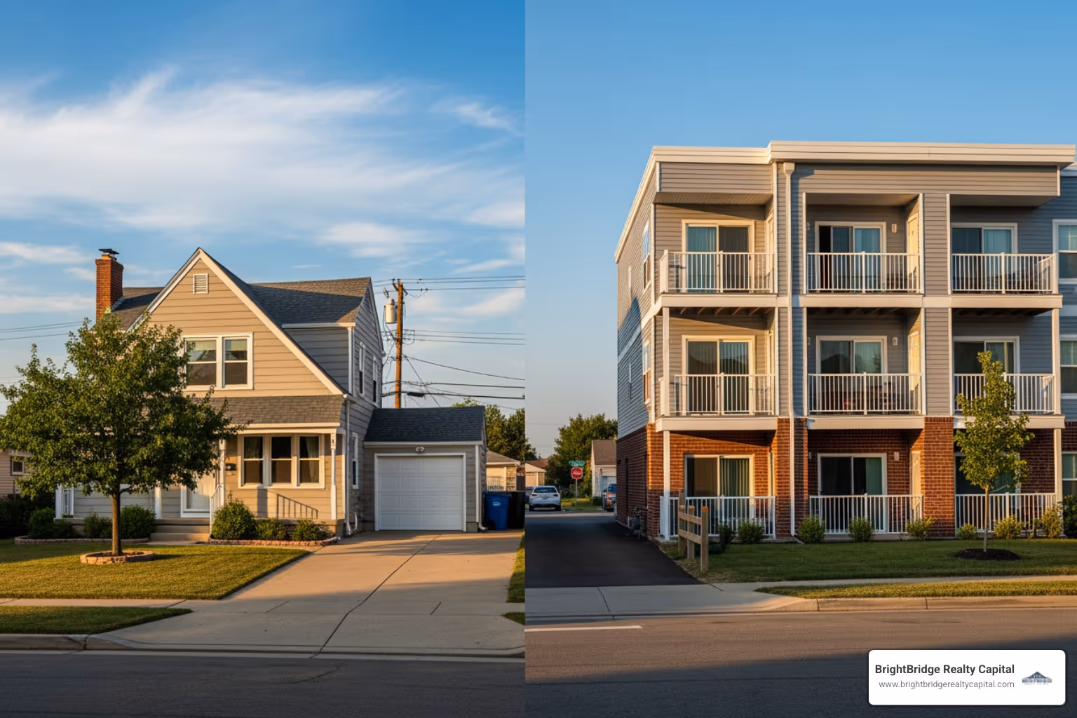 side-by-side comparison of a family home and a multi-unit rental property - investor friendly mortgage lender