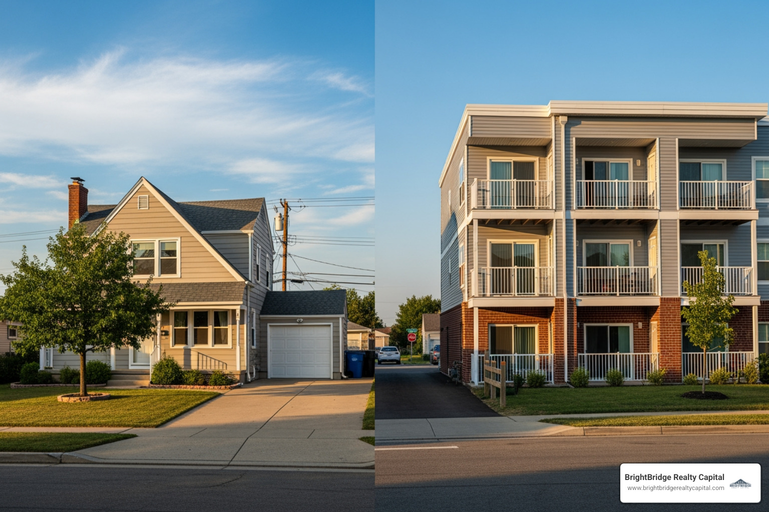 side-by-side comparison of a family home and a multi-unit rental property - investor friendly mortgage lender