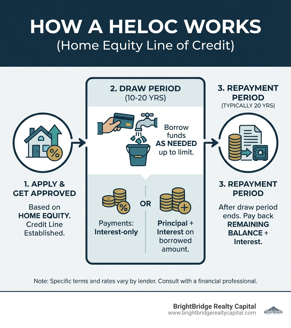 Infographic showing how a HELOC works: homeowner applies and gets approved for a credit line based on home equity; during the draw period (typically 10-20 years) they can borrow funds as needed up to their limit; they make interest-only or principal-plus-interest payments on the amount borrowed; after the draw period ends, they enter the repayment period (typically 20 years) where they pay back the remaining balance with interest - heloc rates infographic 