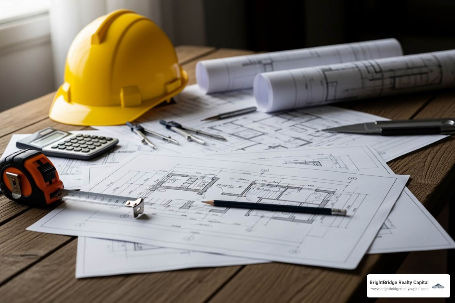 Architectural blueprints on a table with a hard hat and tools - bridge loan vs construction loan