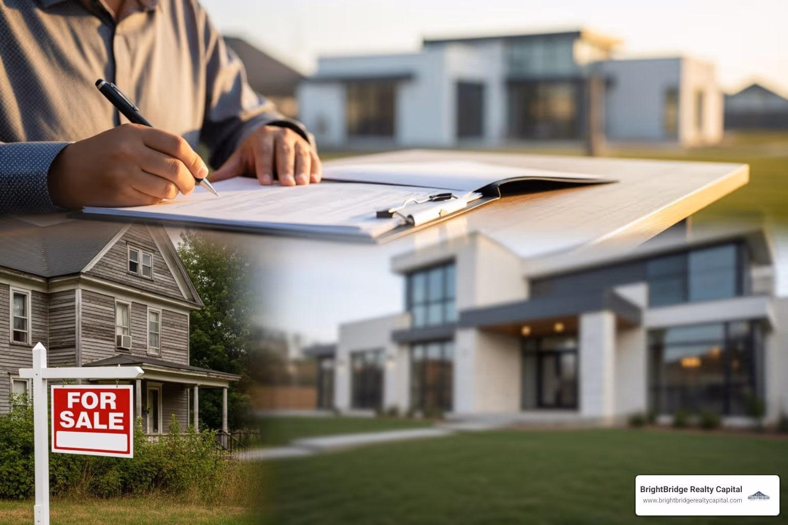 Person signing papers for a new house while their old house has a "For Sale" sign - bridge loan vs construction loan