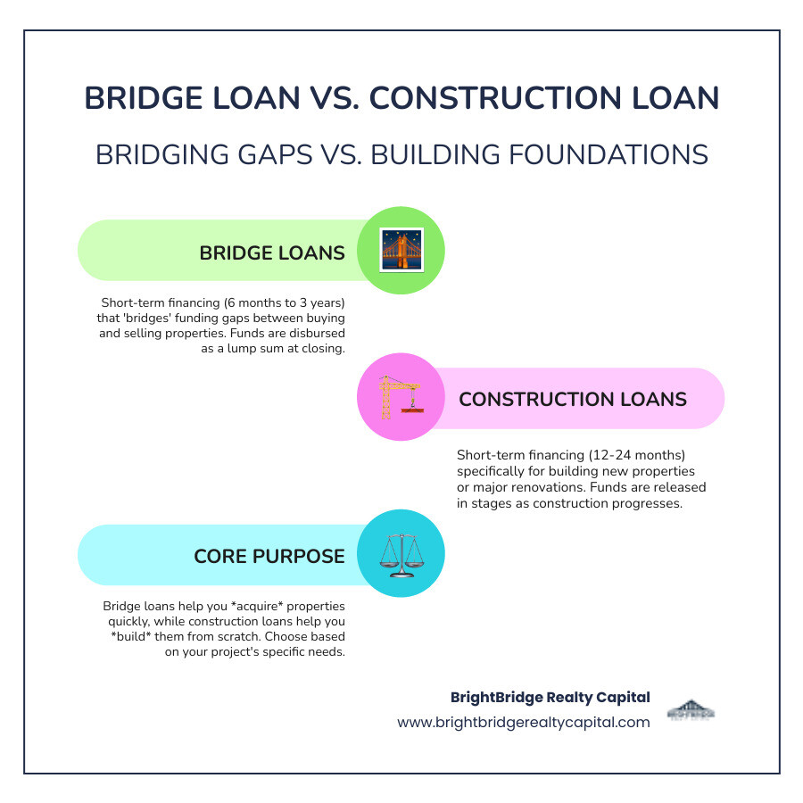 Infographic showing bridge loans connecting two properties with an arrow labeled "bridge the gap" while construction loans show a foundation building up to a completed house with staged funding releases - bridge loan vs construction loan infographic infographic-line-3-steps-colors