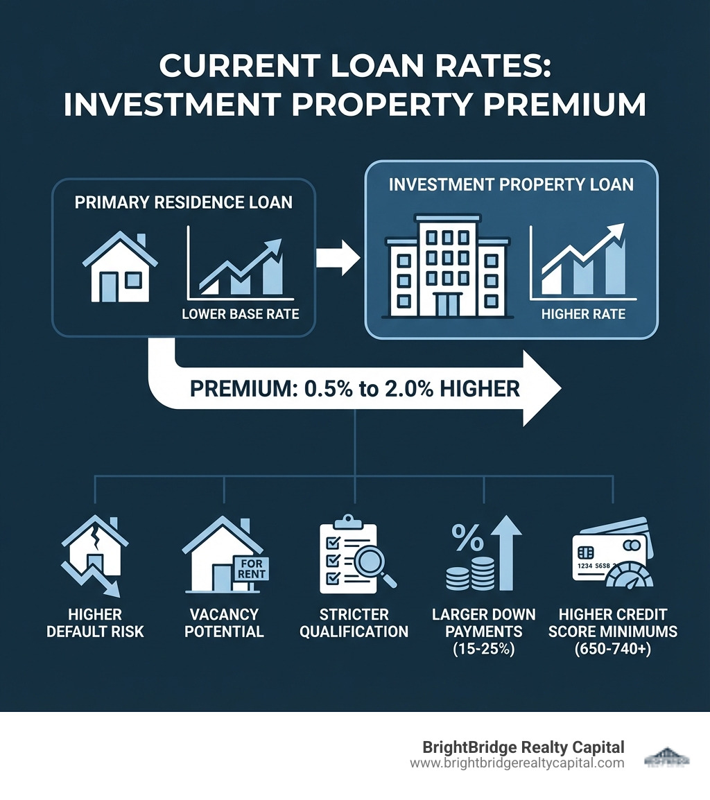 Infographic showing the typical 0.5% to 2.0% rate premium for investment property loans compared to primary residence loans, with icons representing factors like higher default risk, vacancy potential, stricter qualification requirements, larger down payments (15-25%), and higher credit score minimums (650-740+) - current loan rates for investment property infographic 