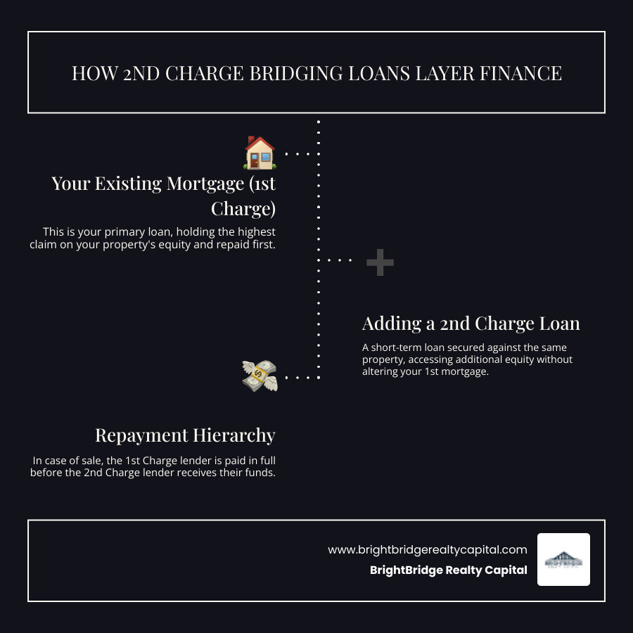 Infographic showing a house with two layers of financing: the bottom layer labeled "1st Charge Mortgage" covering 50-60% of property value, and a second layer above it labeled "2nd Charge Bridging Loan" adding an additional 10-20%, with arrows indicating repayment priority flows from property sale proceeds first to the 1st charge lender, then to the 2nd charge lender - 2nd charge bridging loans infographic infographic-line-3-steps-dark