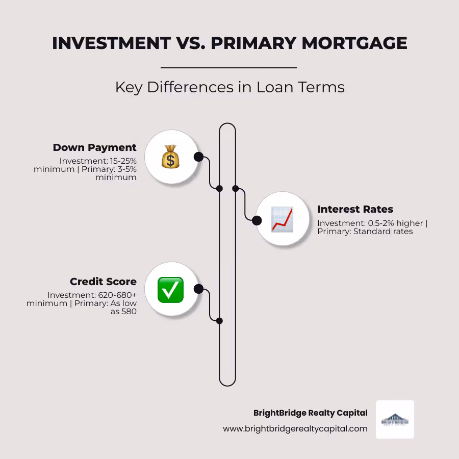 Infographic comparing investment property mortgages to primary residence mortgages, showing side-by-side differences in down payment percentages (15-25% vs 3-5%), interest rate premiums (+0.5-2%), maximum LTV ratios (80% vs 97%), minimum credit scores (680 vs 580), required cash reserves (6 months vs minimal), and how rental income is calculated for qualification (75% of projected rent counts toward income) - Investment property mortgage infographic infographic-line-3-steps-elegant_beige