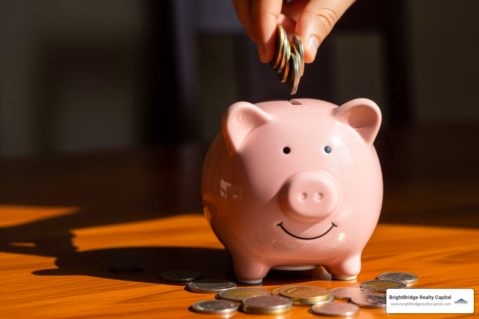 Piggy bank being filled with coins labeled "Commission Saved" - no broker real estate