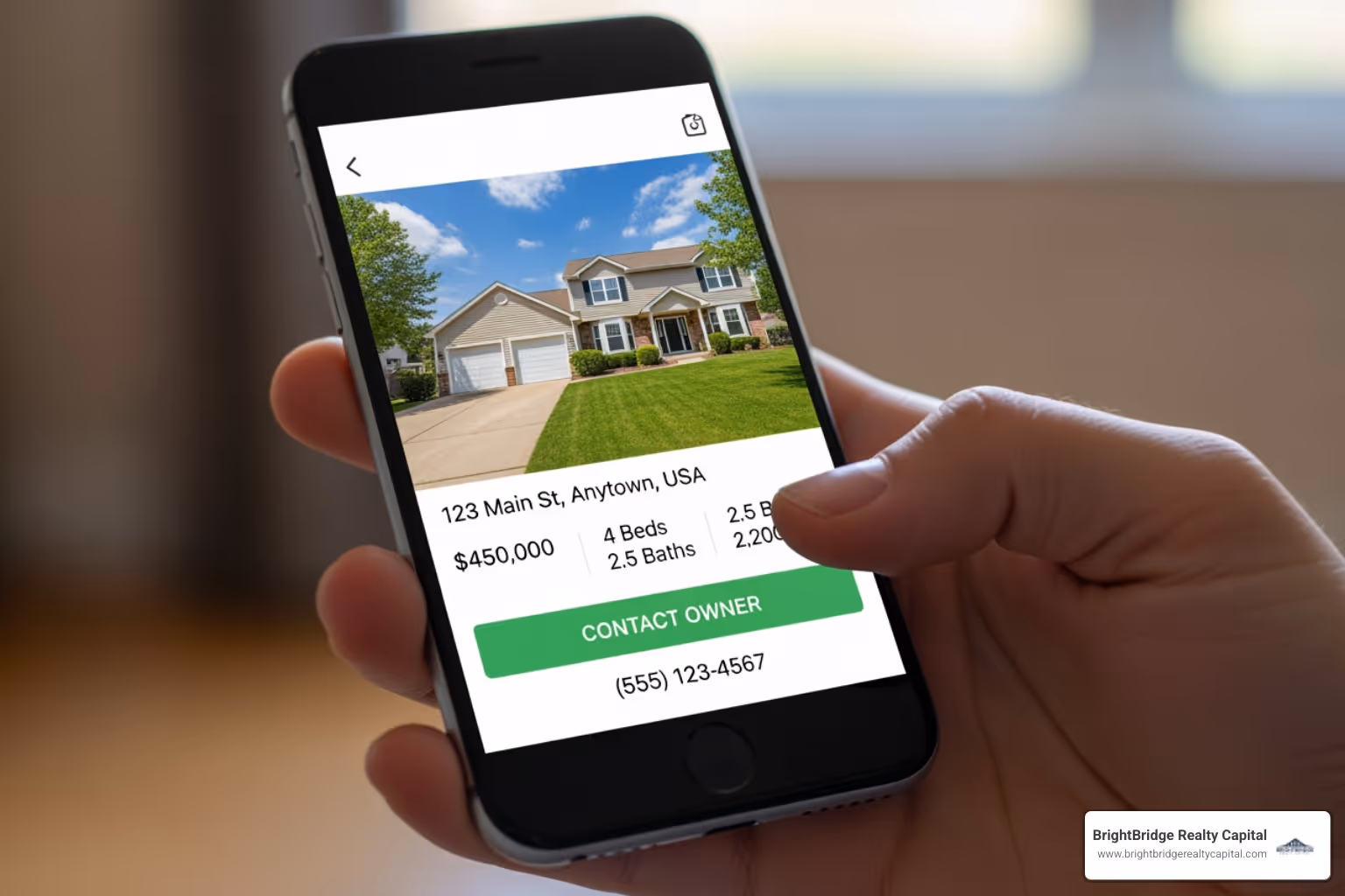 Smartphone screen showing a property listing app with direct contact info for the owner - no broker real estate
