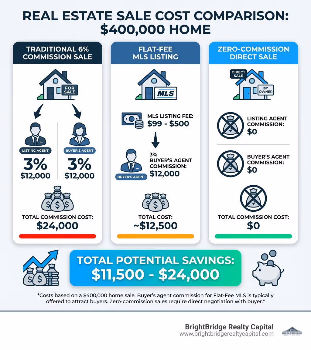 Infographic comparing traditional 6% commission sale versus flat-fee or zero-commission sale, showing cost breakdown: Traditional sale on $400,000 home = $24,000 in commissions (3% listing agent + 3% buyer's agent), Flat-fee MLS listing = $99-$500 + 3% buyer's agent = $12,500 total, Zero-commission direct sale = $0 in commissions, Total potential savings = $11,500-$24,000 - no broker real estate infographic 