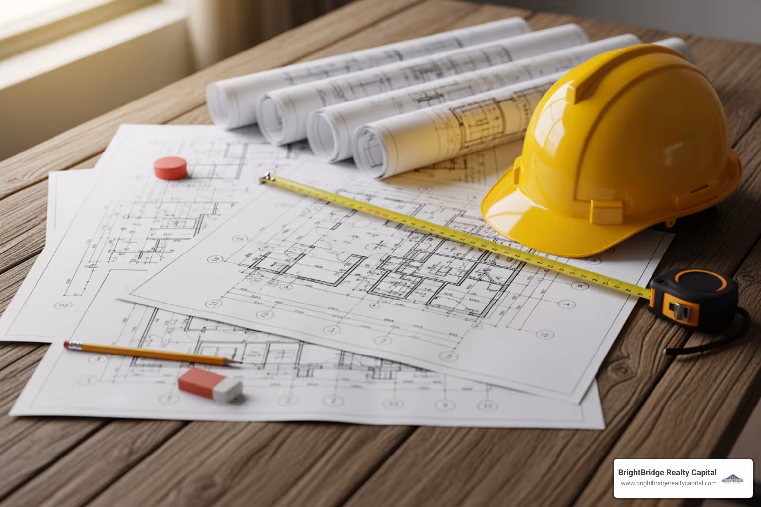 architectural blueprints and a hard hat on a table - fast construction loans