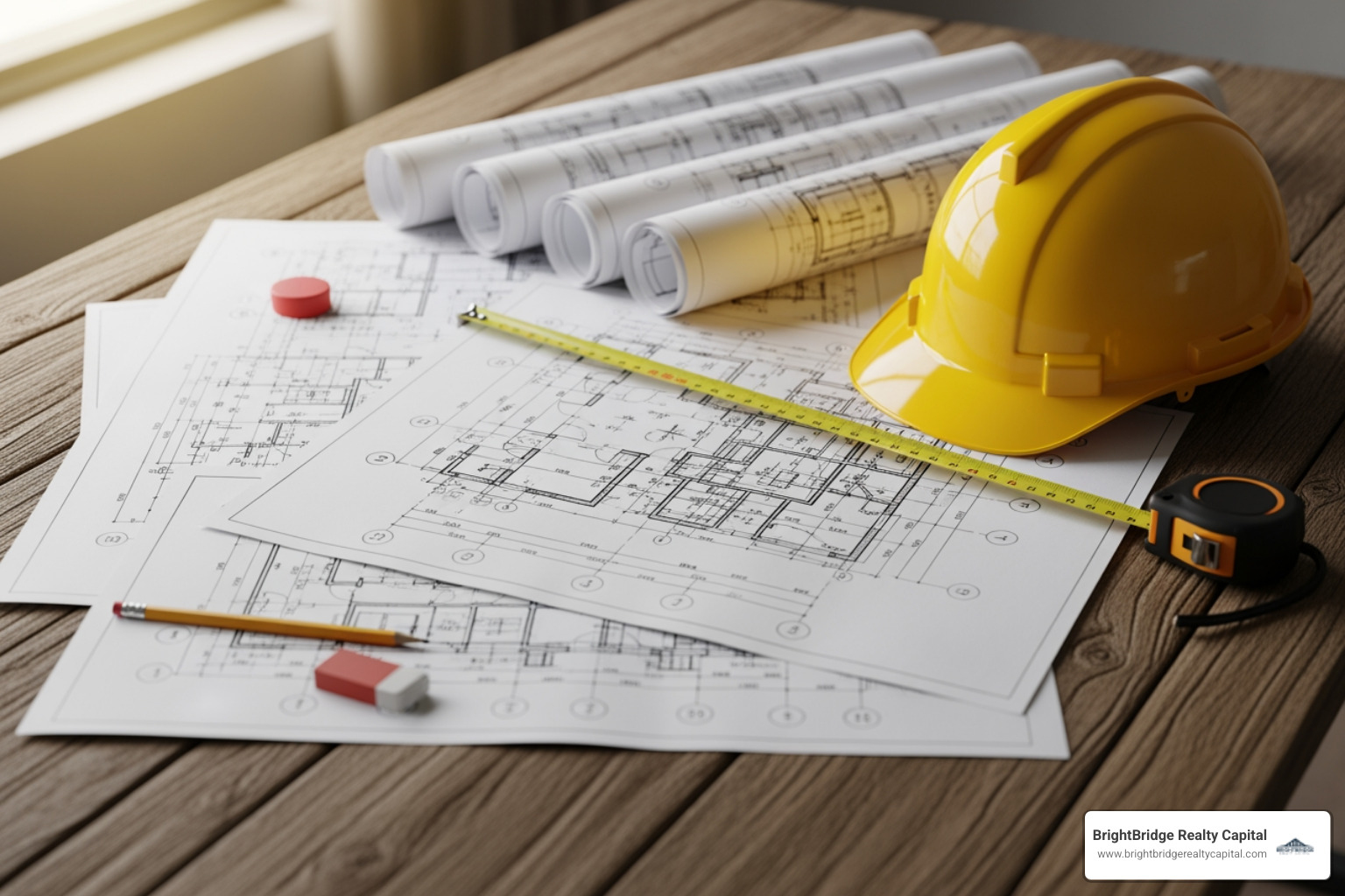 architectural blueprints and a hard hat on a table - fast construction loans