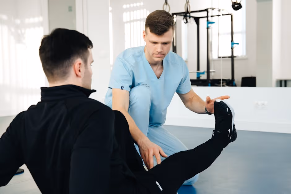 A physical therapist assisting a patient with leg exercises - Hudson Valley rehab