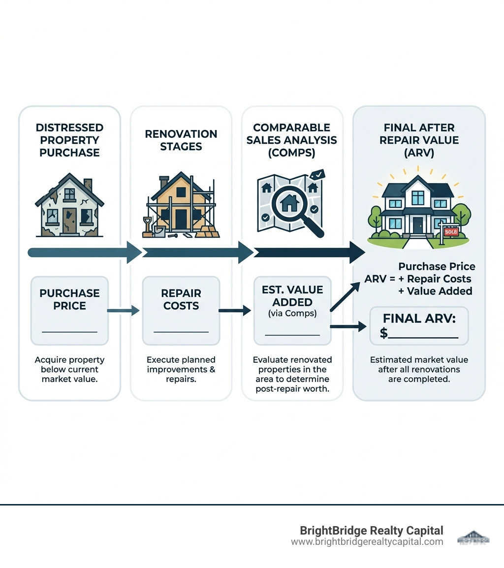 infographic showing the journey from distressed property purchase through renovation stages to final ARV, with key calculation points at each step including purchase price, repair costs, and comparable sales analysis - after repair value infographic 