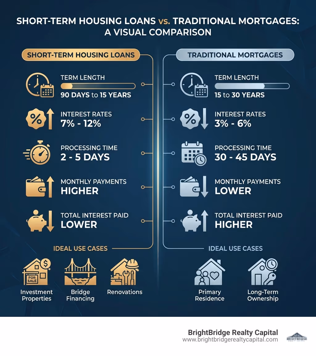 infographic showing comparison between short-term housing loans and traditional mortgages including term length from 90 days to 15 years versus 15 to 30 years, interest rates of 7 to 12 percent versus 3 to 6 percent, processing time of 2 to 5 days versus 30 to 45 days, monthly payments higher versus lower, total interest paid lower versus higher, and ideal use cases of investment properties bridge financing renovations versus primary residence long term ownership - short term housing loan infographic 