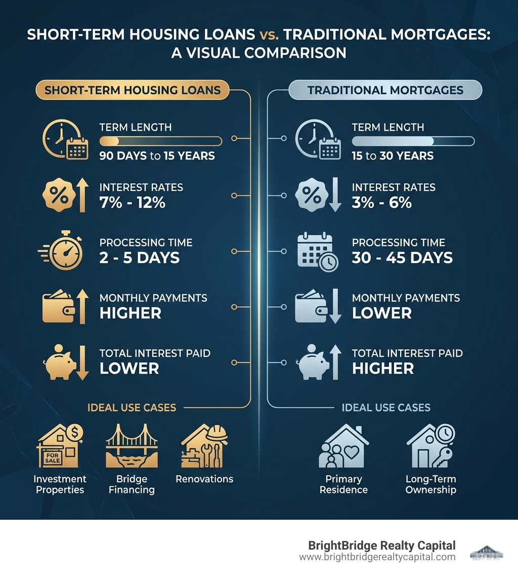 infographic showing comparison between short-term housing loans and traditional mortgages including term length from 90 days to 15 years versus 15 to 30 years, interest rates of 7 to 12 percent versus 3 to 6 percent, processing time of 2 to 5 days versus 30 to 45 days, monthly payments higher versus lower, total interest paid lower versus higher, and ideal use cases of investment properties bridge financing renovations versus primary residence long term ownership - short term housing loan infographic infographic showing comparison between short-term housing loans and traditional mortgages including term length from 90 days to 15 years versus 15 to 30 years, interest rates of 7 to 12 percent versus 3 to 6 percent, processing time of 2 to 5 days versus 30 to 45 days, monthly payments higher versus lower, total interest paid lower versus higher, and ideal use cases of investment properties bridge financing renovations versus primary residence long term ownership - short term housing loan infographic