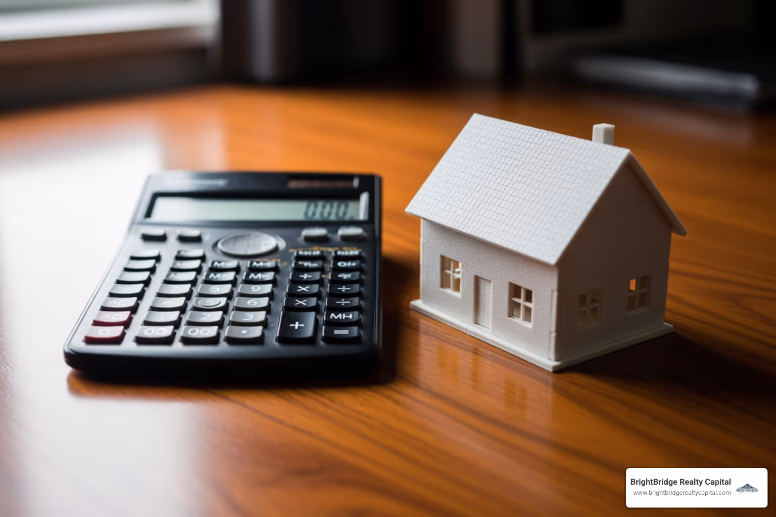 a calculator and a house model on a desk - real estate purchase loans