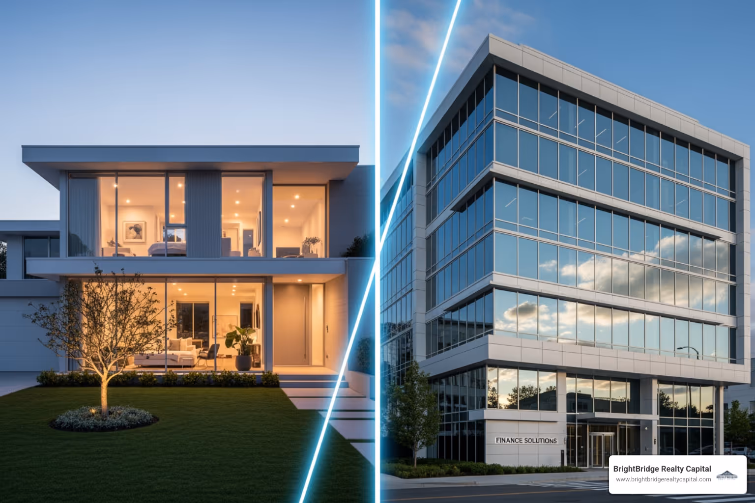 A residential home and a commercial building side-by-side, symbolizing the different property types bridge loans can finance - bridge loan rates