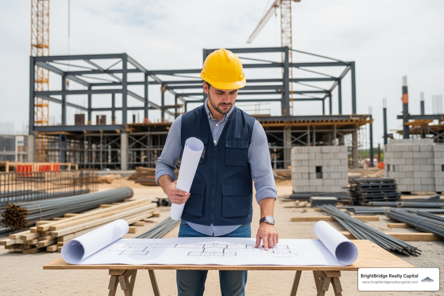 developer reviewing blueprints on construction site - Construction bridge financing developer reviewing blueprints on construction site - Construction bridge financing