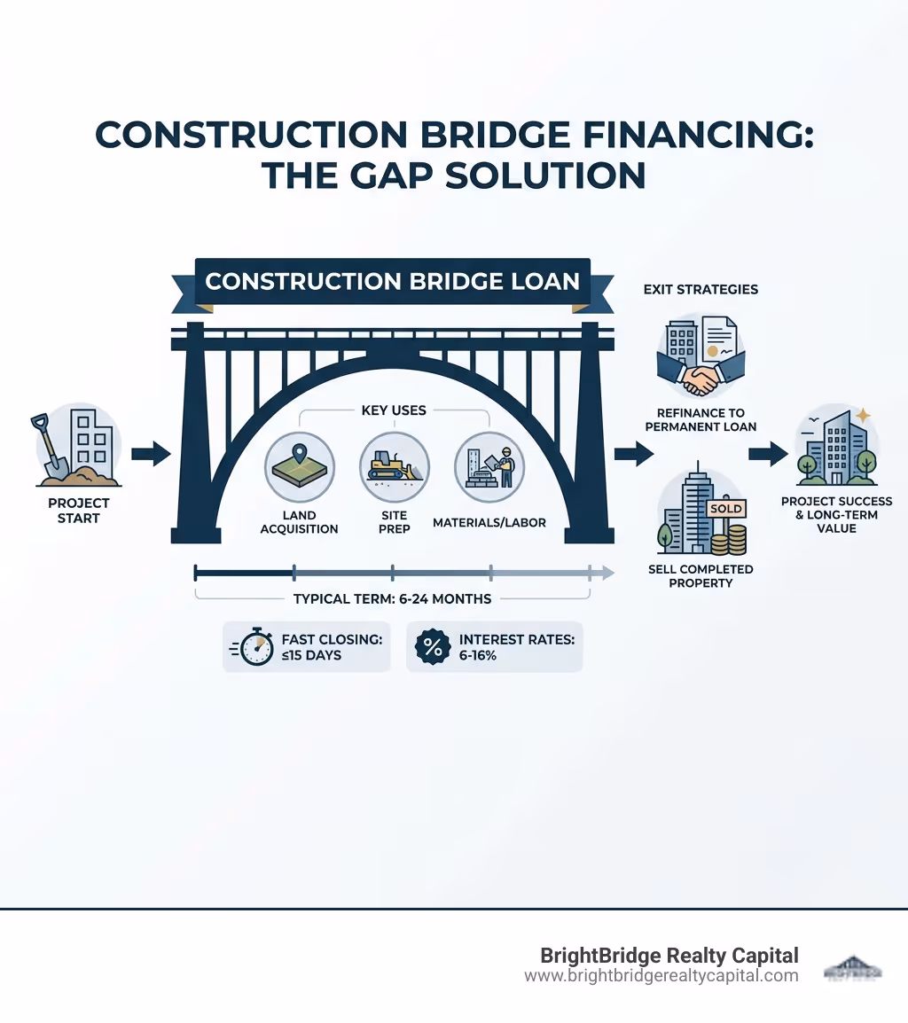 Infographic showing how construction bridge financing works: Project start on left, permanent financing or sale on right, with a bridge loan spanning the gap in between. Includes timeline showing 6-24 month typical term, key uses (land acquisition, site prep, materials/labor), and exit strategies (refinance to permanent loan or sell completed property). Shows typical interest rates of 6-16% and fast closing times of 15 days or less. - Construction bridge financing infographic 