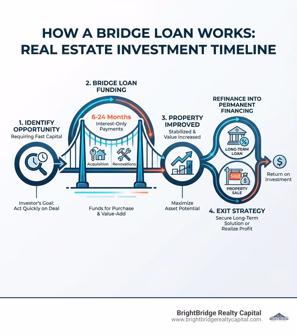 Infographic showing how a bridge loan works: Step 1 - Investor identifies opportunity requiring fast capital; Step 2 - Bridge loan funds acquisition and/or renovations (6-24 months, interest-only payments); Step 3 - Property is improved or stabilized; Step 4 - Exit via refinance into permanent financing or property sale - bridge loan for real estate investors infographic 