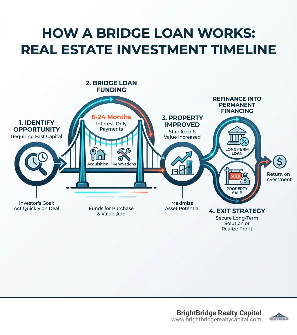 Infographic showing how a bridge loan works: Step 1 - Investor identifies opportunity requiring fast capital; Step 2 - Bridge loan funds acquisition and/or renovations (6-24 months, interest-only payments); Step 3 - Property is improved or stabilized; Step 4 - Exit via refinance into permanent financing or property sale - bridge loan for real estate investors infographic Infographic showing how a bridge loan works: Step 1 - Investor identifies opportunity requiring fast capital; Step 2 - Bridge loan funds acquisition and/or renovations (6-24 months, interest-only payments); Step 3 - Property is improved or stabilized; Step 4 - Exit via refinance into permanent financing or property sale - bridge loan for real estate investors infographic