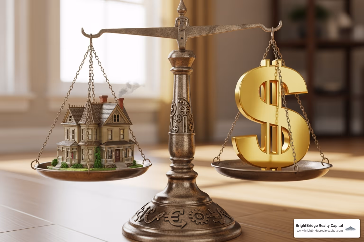 scale balancing house and dollar sign - investment property equity line
