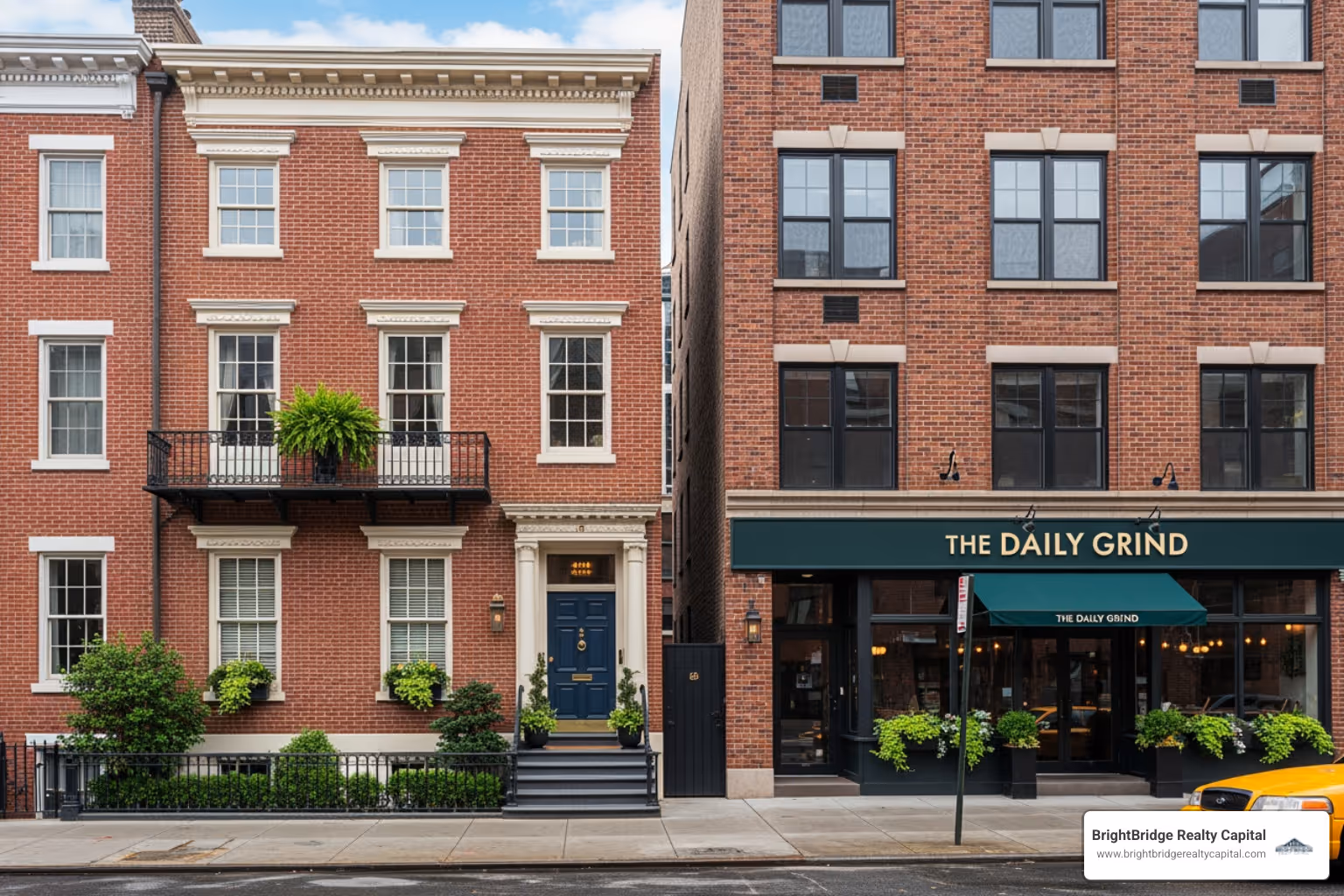 residential property and commercial building side-by-side - Bridge loan financing
