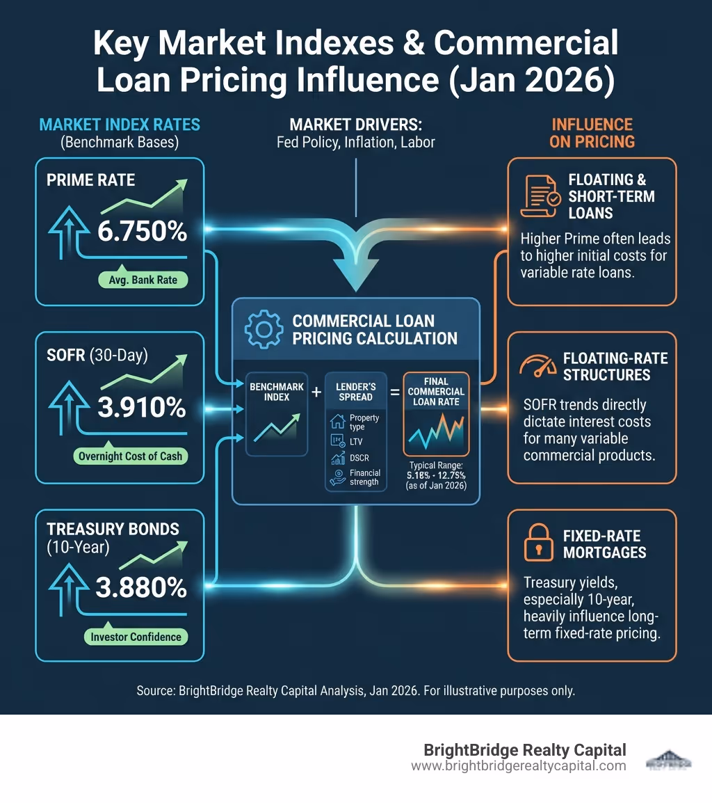 Infographic showing key market index rates (Prime, SOFR, Treasury) and their recent trends, illustrating their influence on commercial loan pricing - commercial investment property loan rates infographic