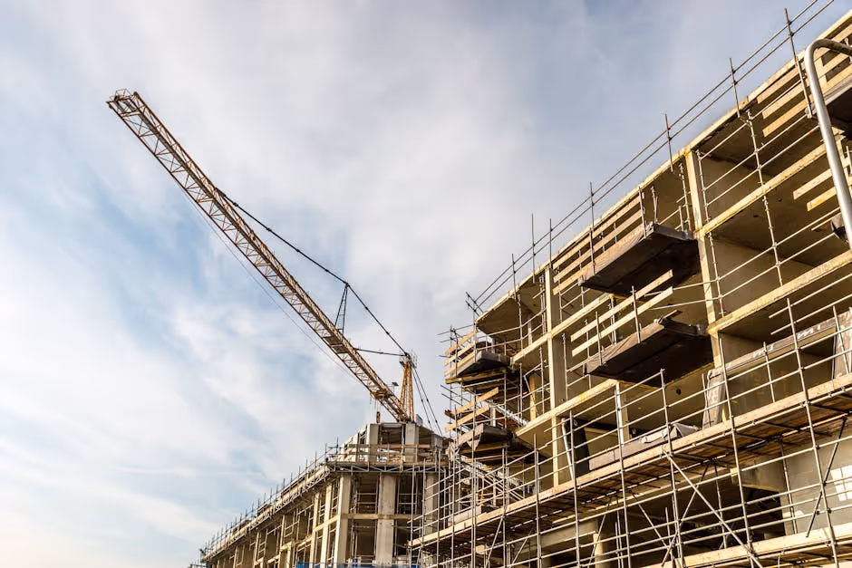 Construction site with cranes and workers showing active building project - bridge loan for construction