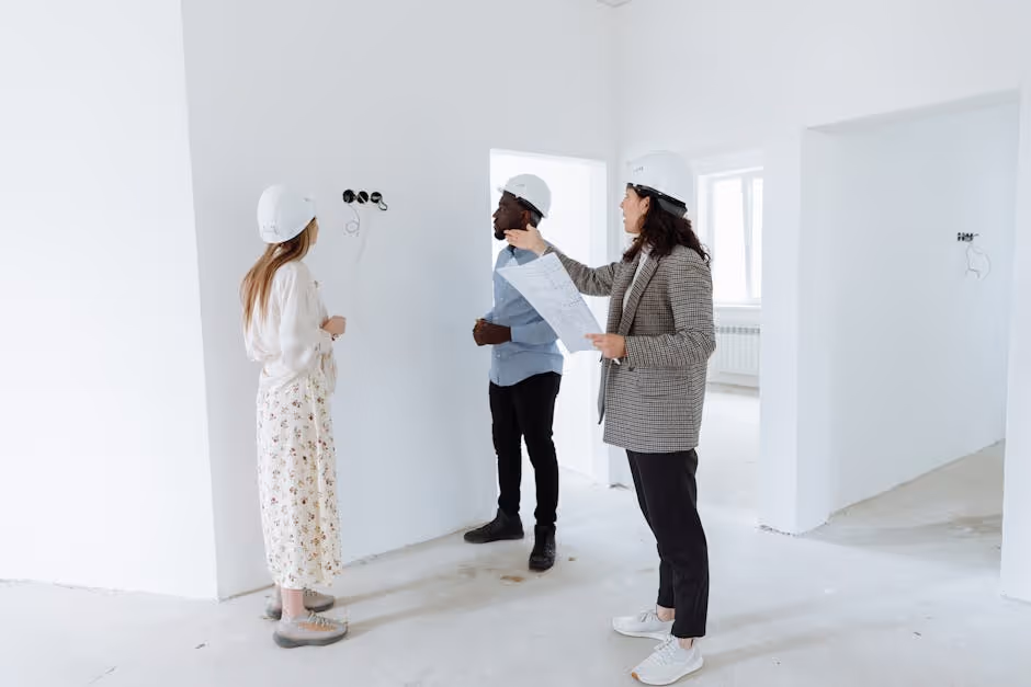 developer, lender, contractor reviewing plans - Construction completion financing