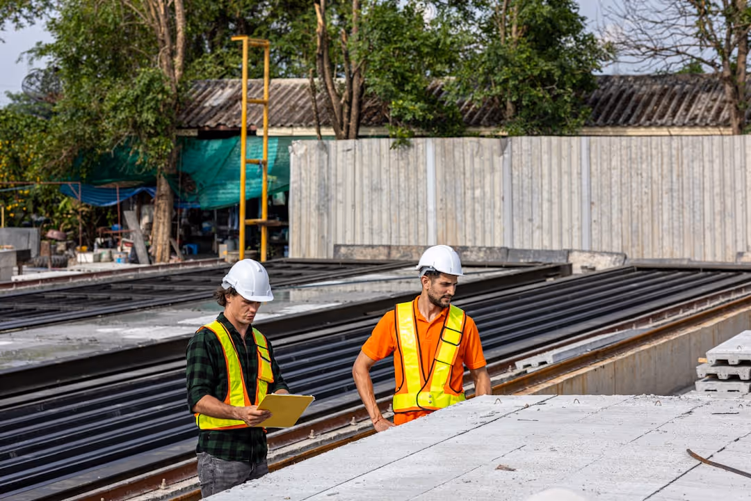 two professionals reviewing architectural plans on a construction site - advantages of direct lending for real estate projects