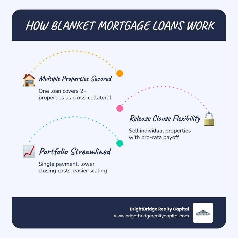 infographic showing blanket loan structure with multiple properties under one mortgage, highlighting release clause functionality and cross-collateralization - blanket mortgage loan infographic infographic-line-3-steps-blues-accent_colors