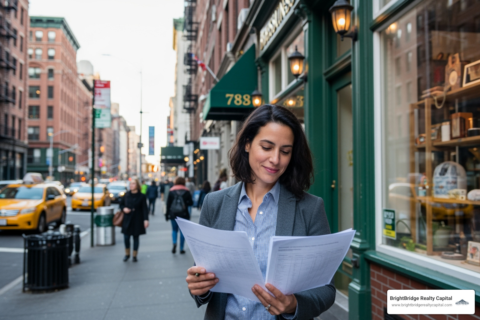 Small business owner in Manhattan reviewing financial documents in front of their shop - quick capital New York
