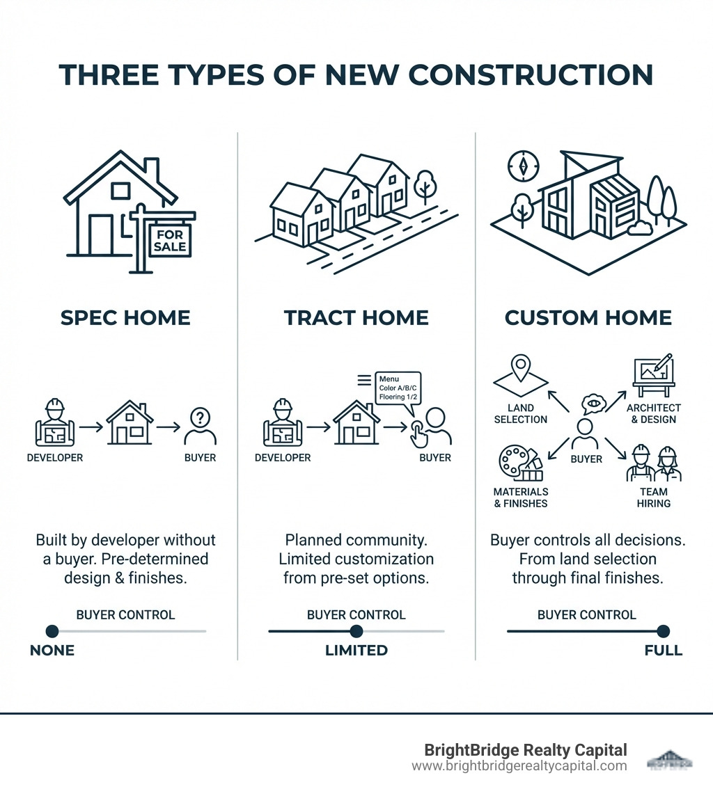 infographic showing the three types of new construction: spec homes built by developers without a buyer, tract homes in planned communities with limited customization, and fully custom homes where the buyer controls all design decisions from land selection through final finishes - custom home construction infographic 