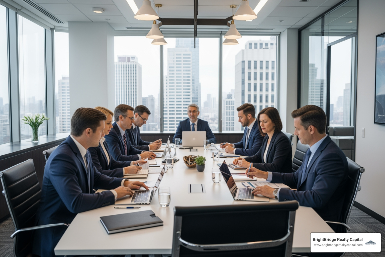 Corporate boardroom where project sponsors and lenders discuss financial structures - Commercial project financing Corporate boardroom where project sponsors and lenders discuss financial structures - Commercial project financing