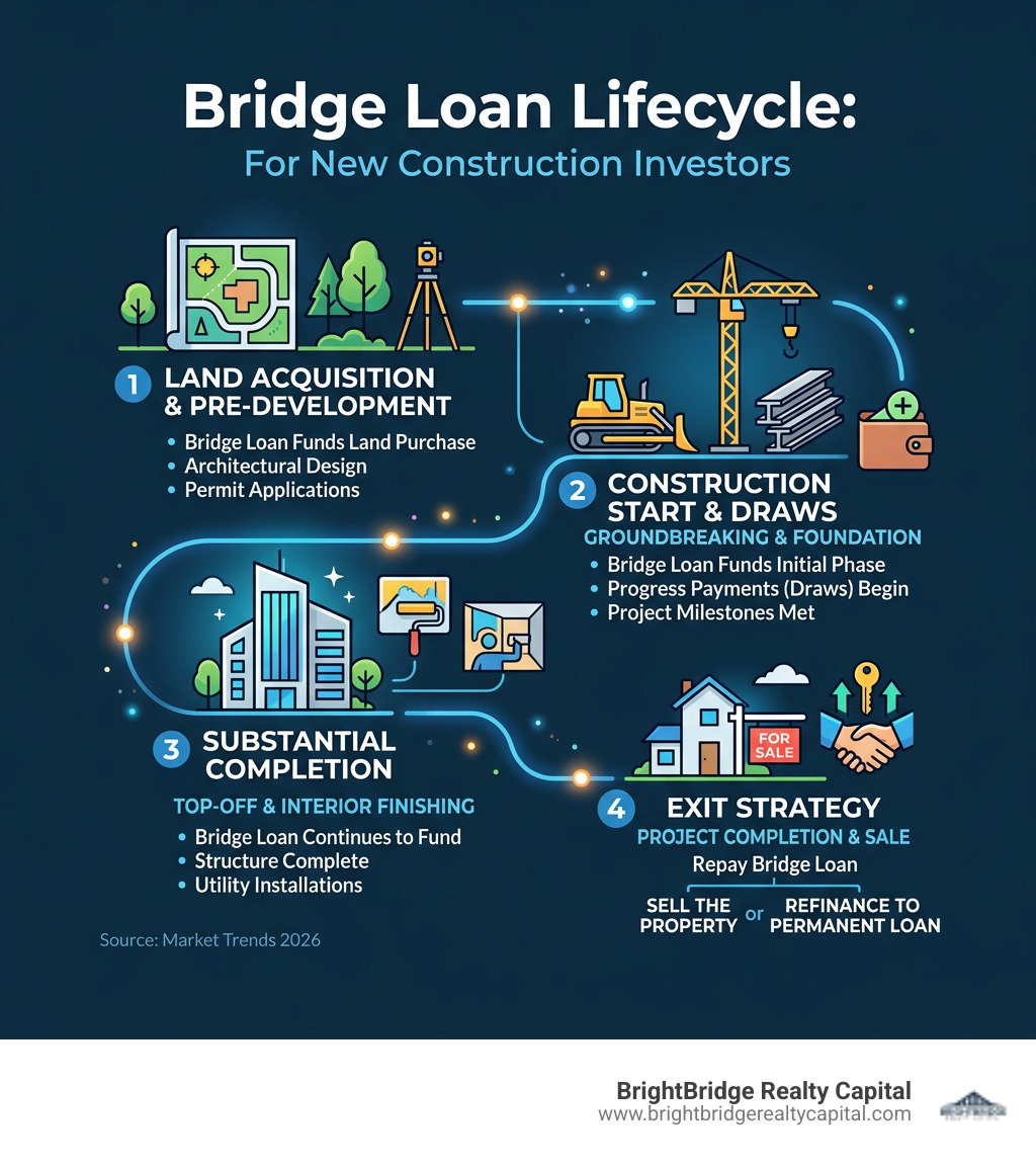 Bridge loan lifecycle infographic from land acquisition through construction phases to exit strategy - bridge loans for new Bridge loan lifecycle infographic from land acquisition through construction phases to exit strategy - bridge loans for new