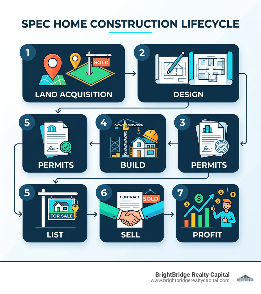Spec home construction lifecycle: land acquisition, design, permits, build, list, sell, profit - Spec home construction