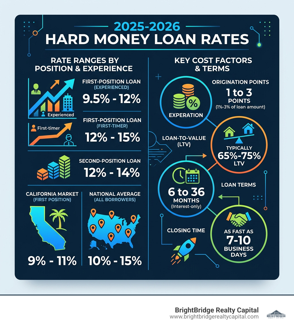 Infographic showing 2025-2026 hard money loan rate ranges by loan position, borrower experience, and key cost factors - hard