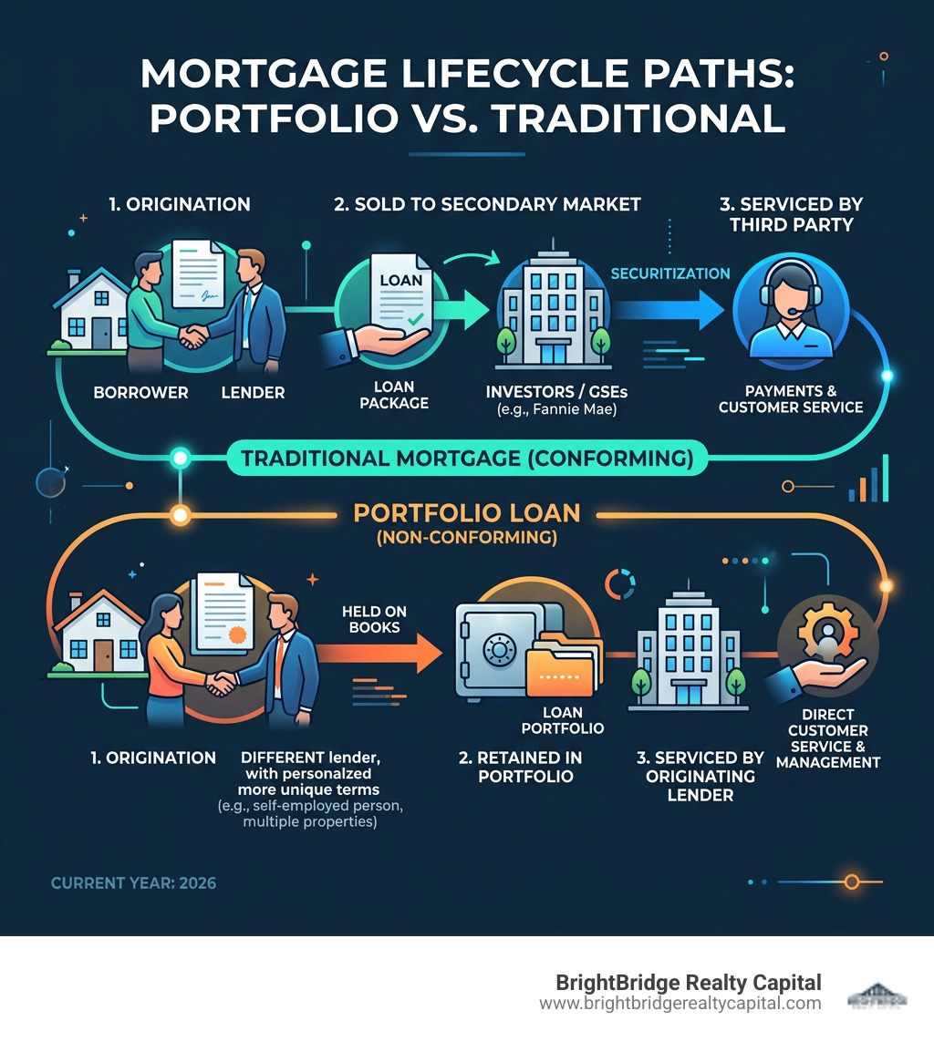 Portfolio loan lifecycle vs traditional mortgage infographic showing origination, retention, and secondary market paths Portfolio loan lifecycle vs traditional mortgage infographic showing origination, retention, and secondary market paths