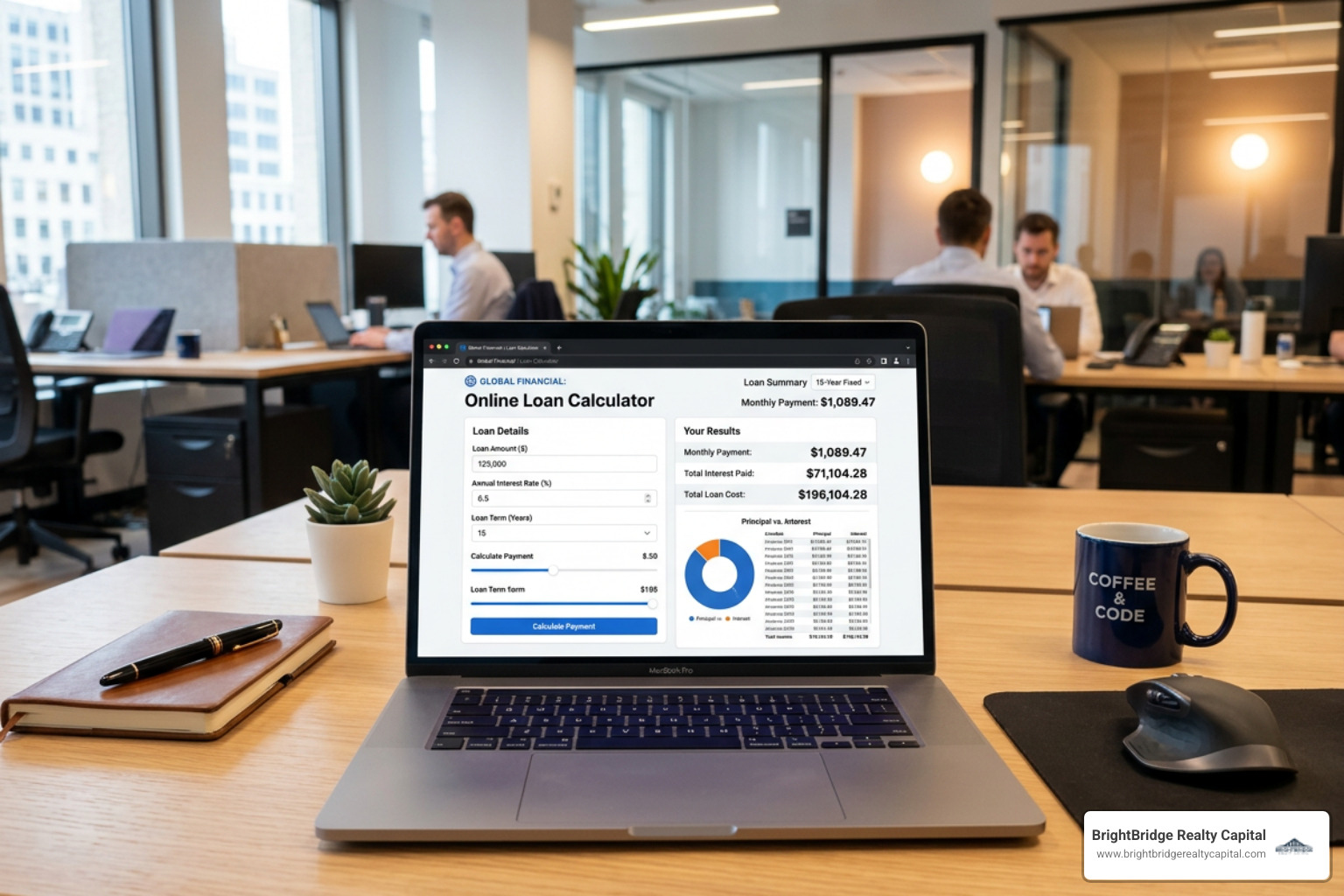 Laptop showing a loan calculator interface - Online loan application Laptop showing a loan calculator interface - Online loan application