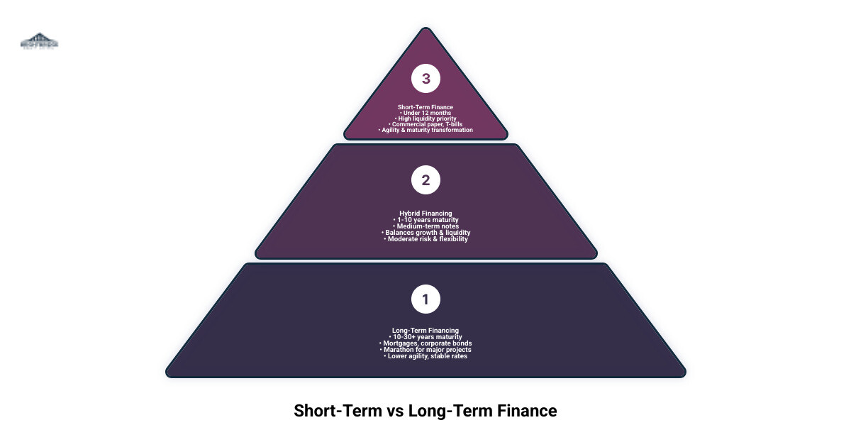 Table comparing short-term vs long-term financing across maturity, risk, and purpose - Finance short term infographic