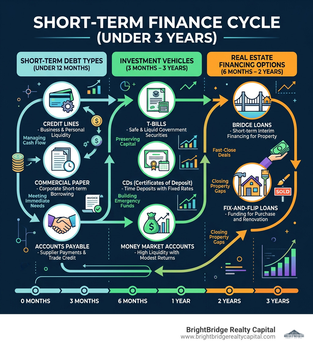 Short-term finance cycle: debt types, investment vehicles, and real estate financing options with timeframes - Finance short