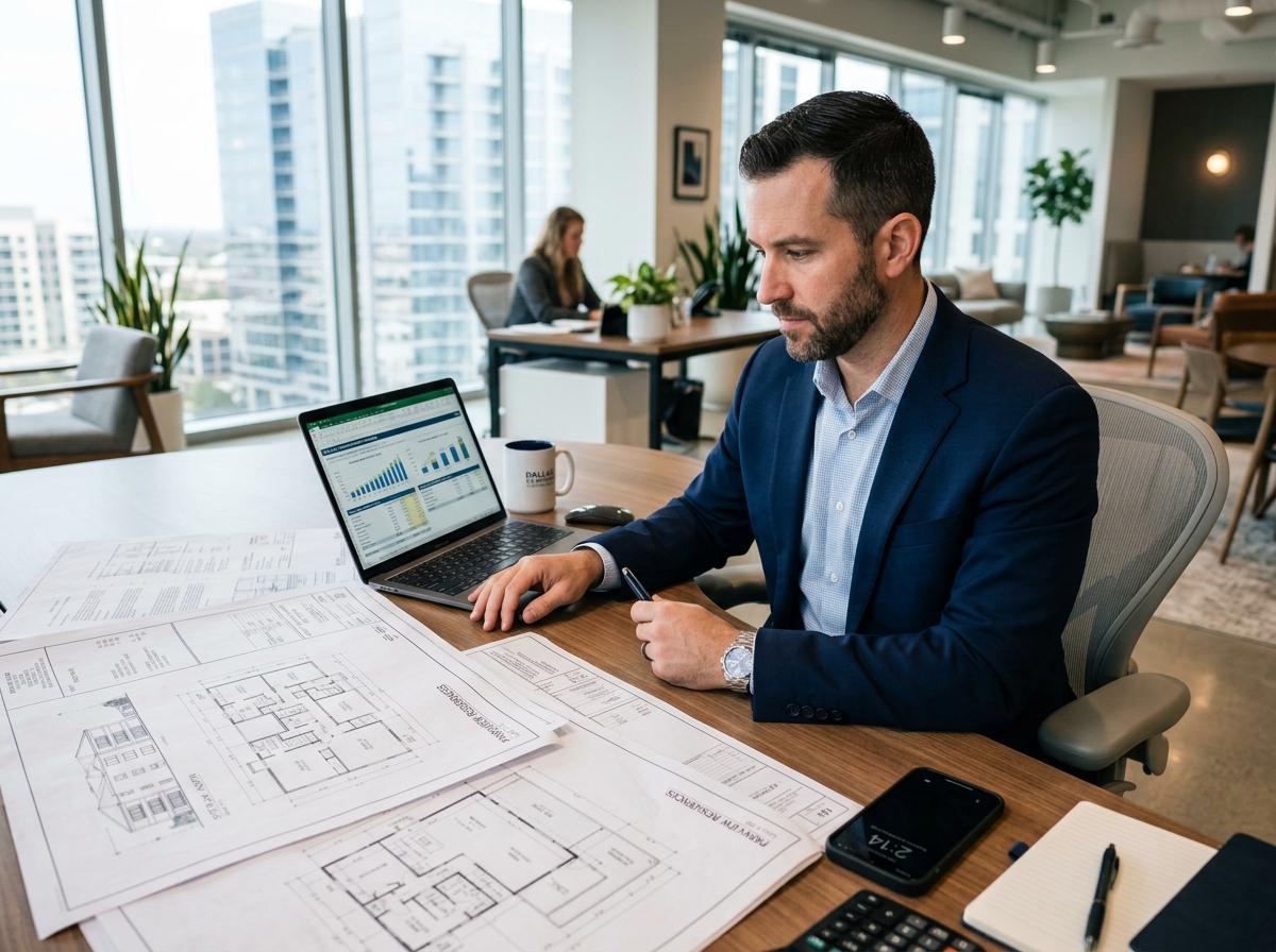 Real estate investor analyzing a deal on a laptop with property blueprints - what is the interest rate on bridging loans