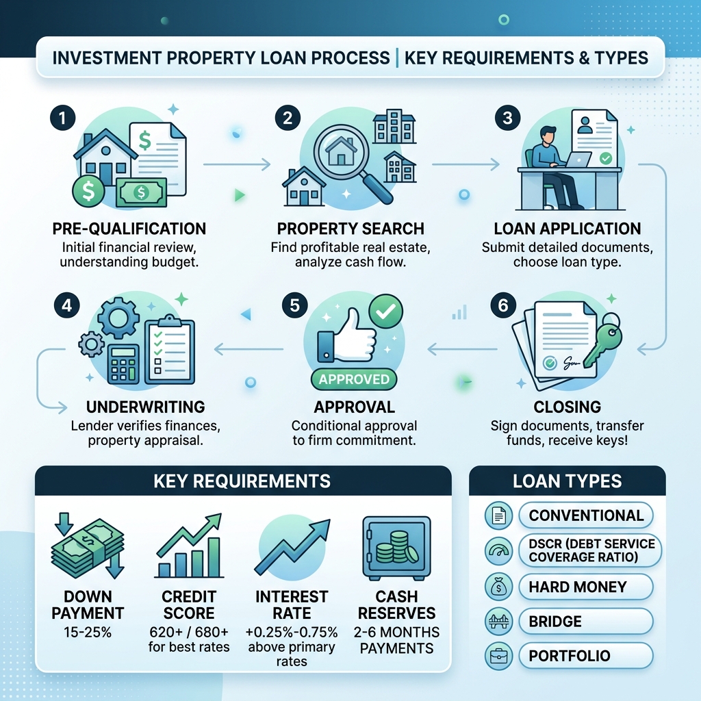 Step-by-step investment property loan process infographic with key requirements and loan types - Investment property loan