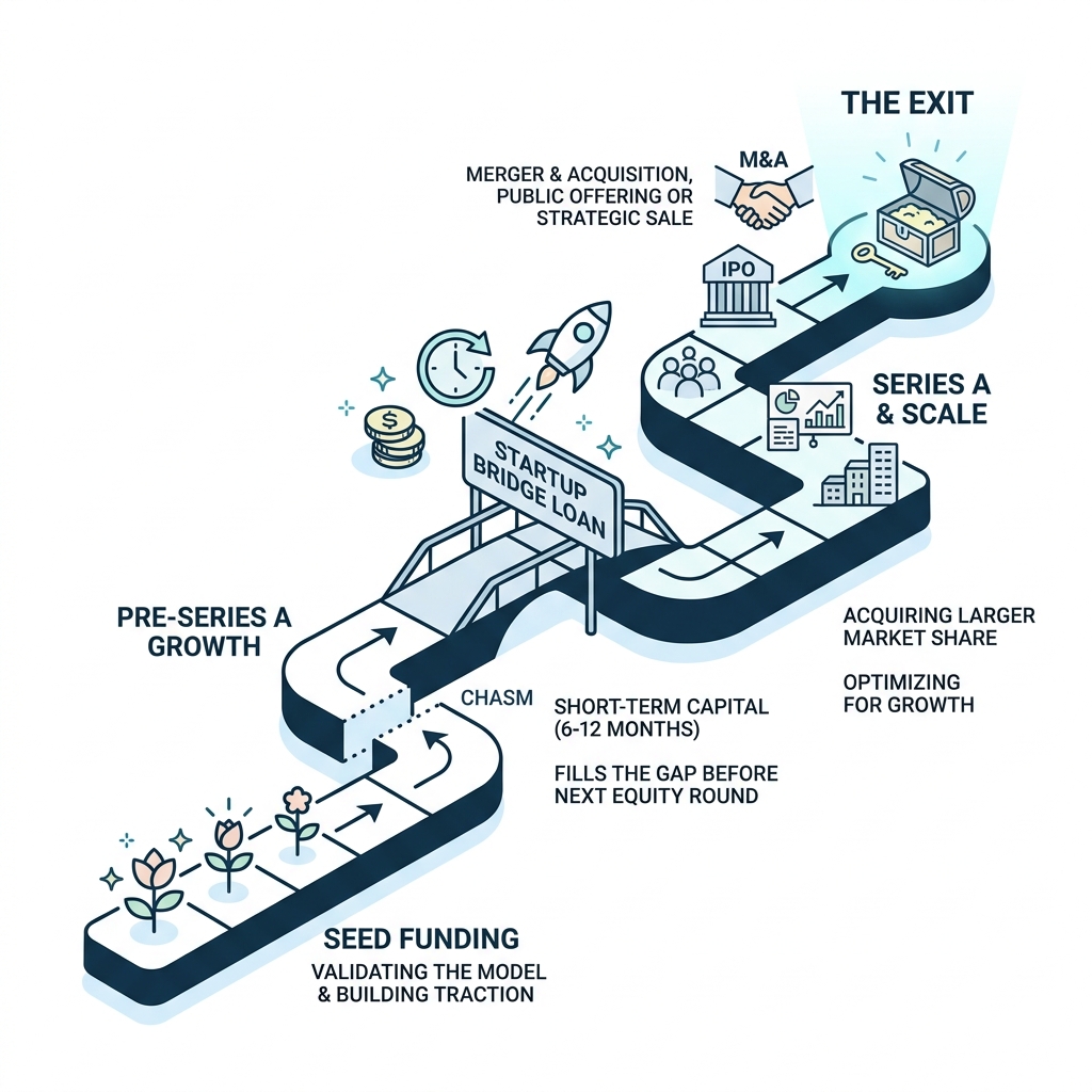 Bridge loan startup lifecycle from seed funding through bridge round to Series A and exit - bridge loan startup infographic 