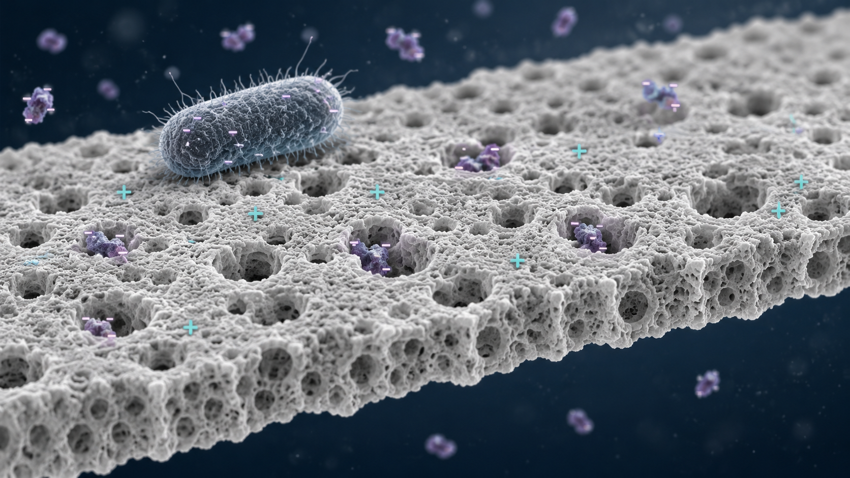 Illustration of positively charged PES membrane retaining microorganisms and binding endotoxin