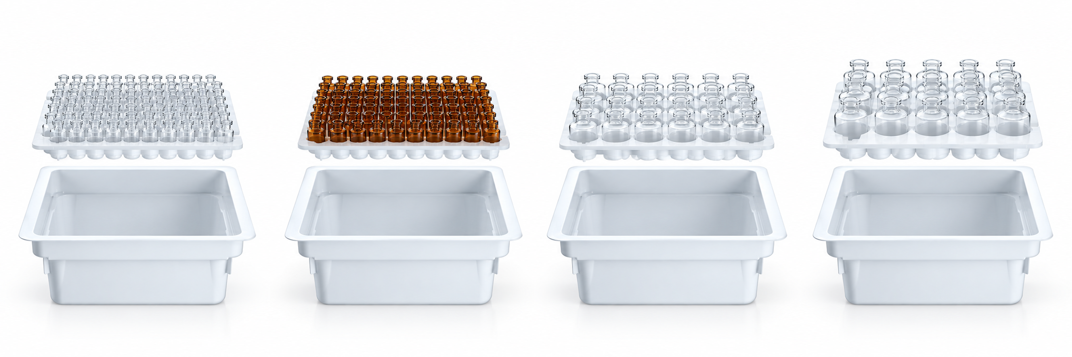 Four ready-to-use sterile vial configurations in clear and amber glass