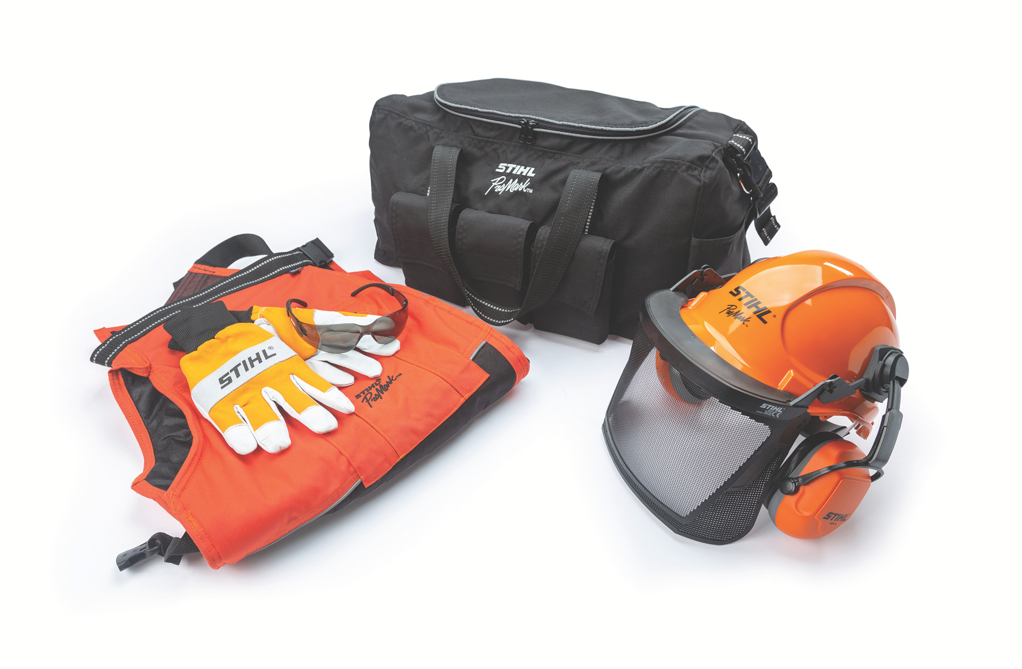 Protective gear packed in a durable and convenient duffel bag, designed to equip the professional chainsaw user with a single purchase.