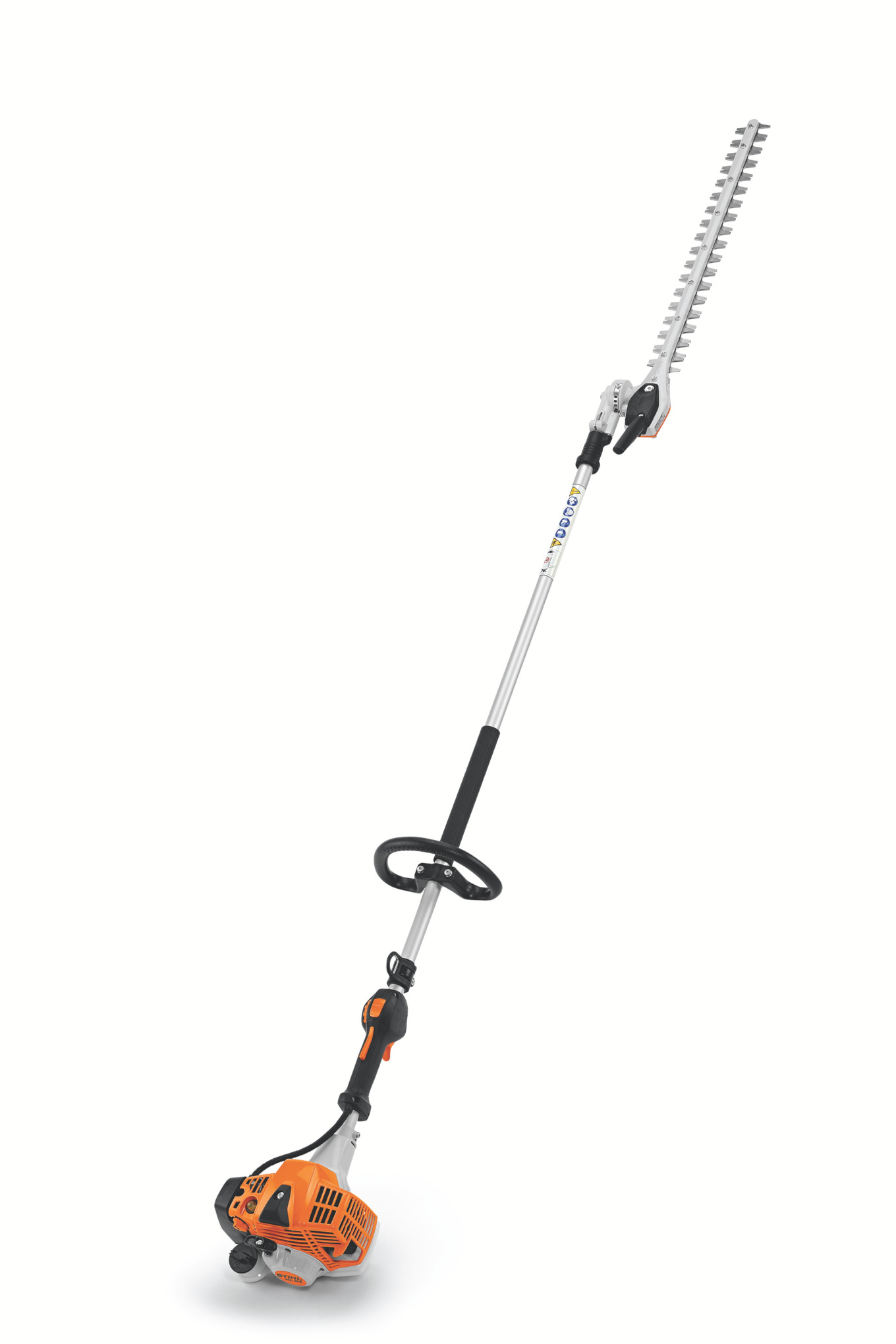 Lightweight, professional hedge trimmer extends the user's reach by over 60" with an adjustable, 145° articulating head.